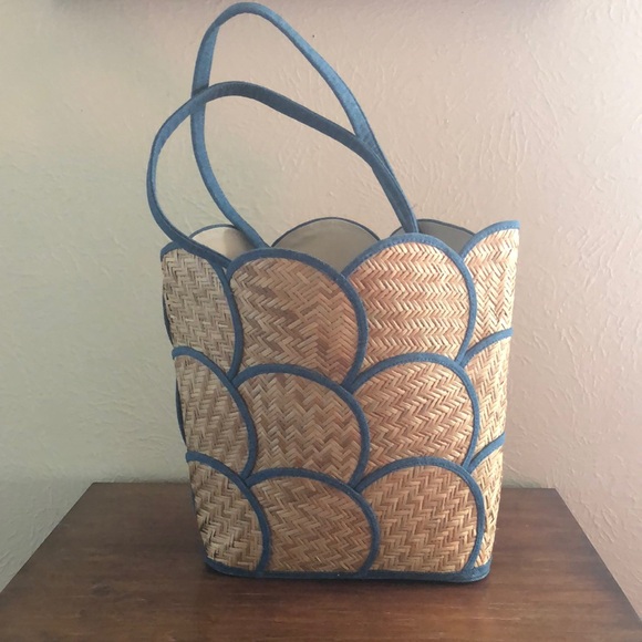 Elegant Blue and Tan Woven Tote Bag - Picture 2 of 12